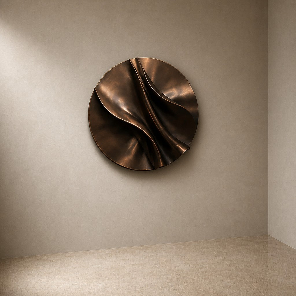 Duwwama — 100 × 100 cm round bronze wall relief with a sweeping swirl, three-quarter studio view showing its profile