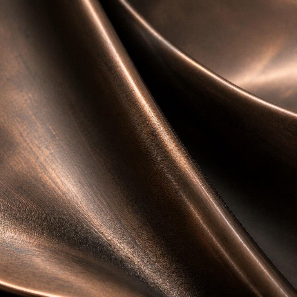 Duwwama — 100 × 100 cm round bronze wall relief with a sweeping swirl, close studio detail of the surface and material
