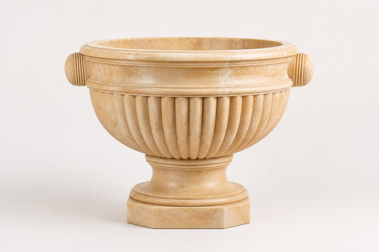 Egyptian Beige Classical Marble Urn Planter — 85 cm Egyptian beige marble urn planter with a fluted body and rolled rim, studio view of the whole piece