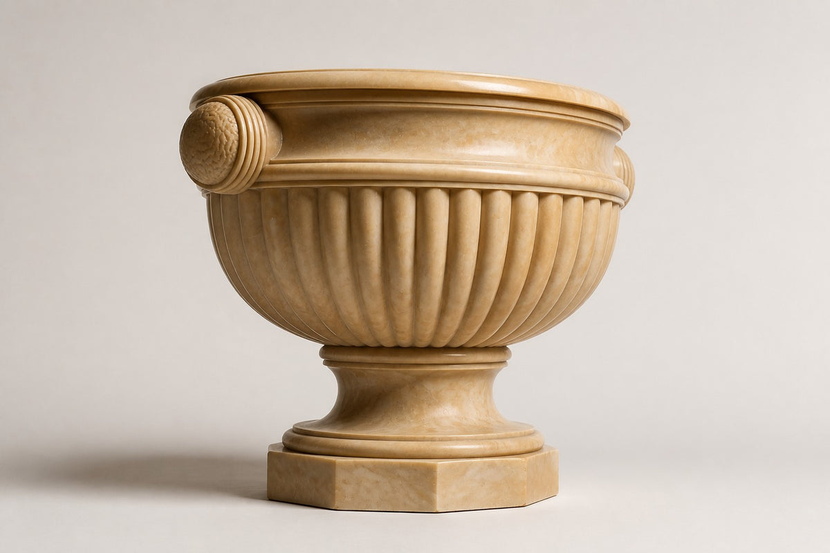 Egyptian Beige Classical Marble Urn Planter — 85 cm Egyptian beige marble urn planter with a fluted body and rolled rim, three-quarter studio view showing its profile