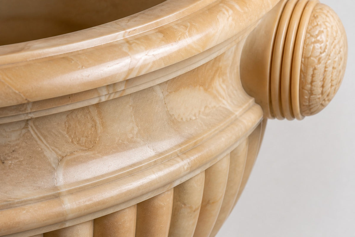 Egyptian Beige Classical Marble Urn Planter — 85 cm Egyptian beige marble urn planter with a fluted body and rolled rim, close studio detail of the surface and material
