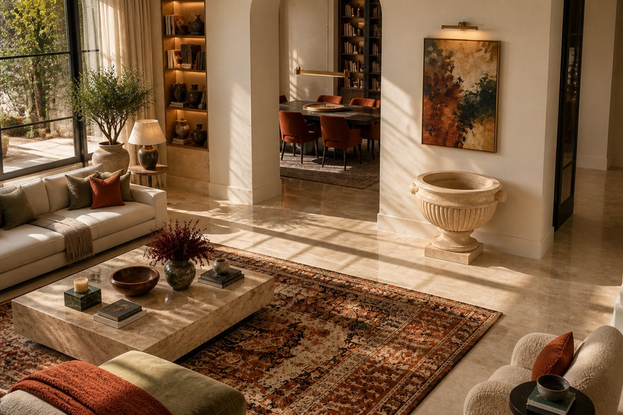 Egyptian Beige Classical Marble Urn Planter — 85 cm Egyptian beige marble urn planter with a fluted body and rolled rim, seen from above in the room