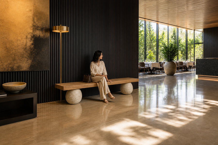 ELEMENT BALANCE BENCH VIII, shown in a room setting, at full scale