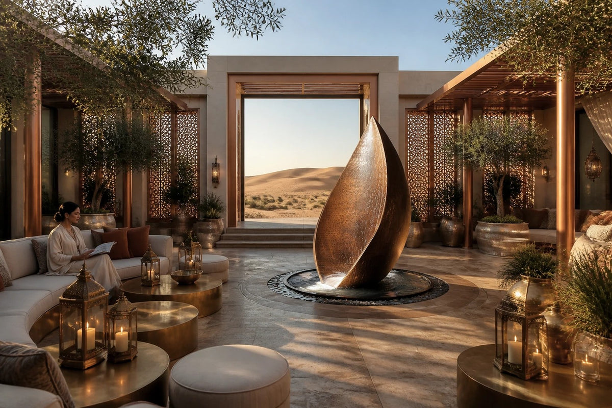 EMBER / RISE I — 200 cm leaf-shaped Corten steel water feature in a round stone basin, placed in a furnished room