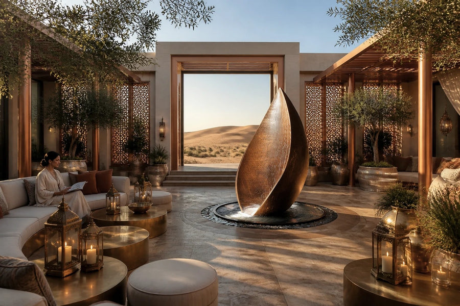 EMBER / RISE I — 200 cm leaf-shaped Corten steel water feature in a round stone basin, placed in a furnished room