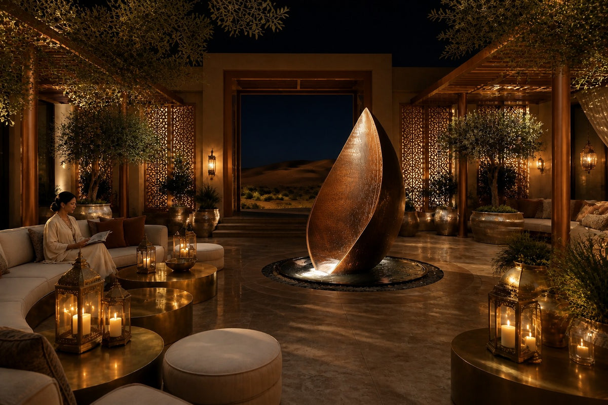 EMBER / RISE I — 200 cm leaf-shaped Corten steel water feature in a round stone basin, the same room at night, lamps on