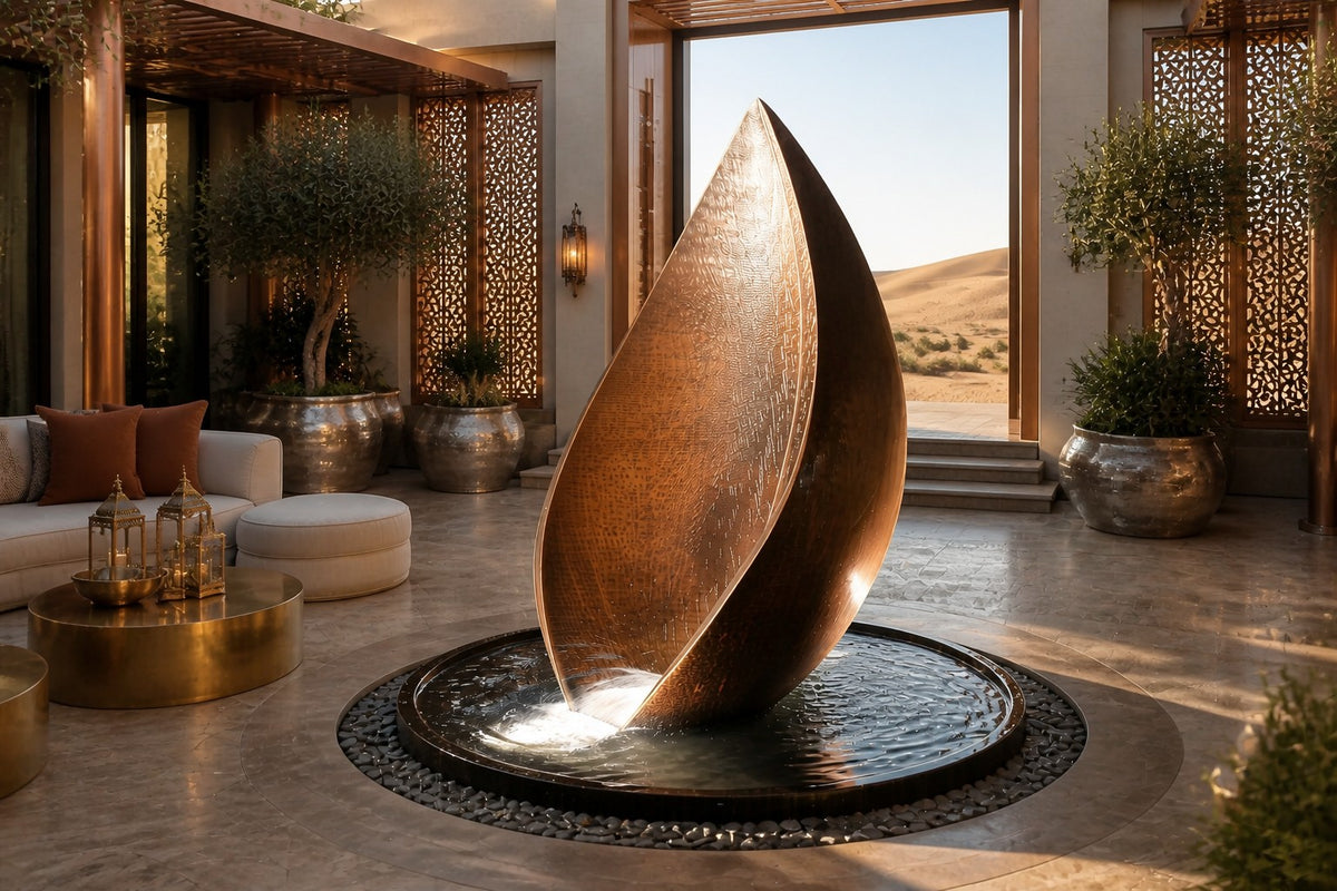 EMBER / RISE I — 200 cm leaf-shaped Corten steel water feature in a round stone basin, close view in the room