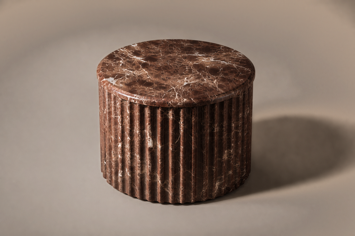 Emperador Fluted Drum Tall emperador dark marble plinth base by 1-OPH, three-quarter studio view