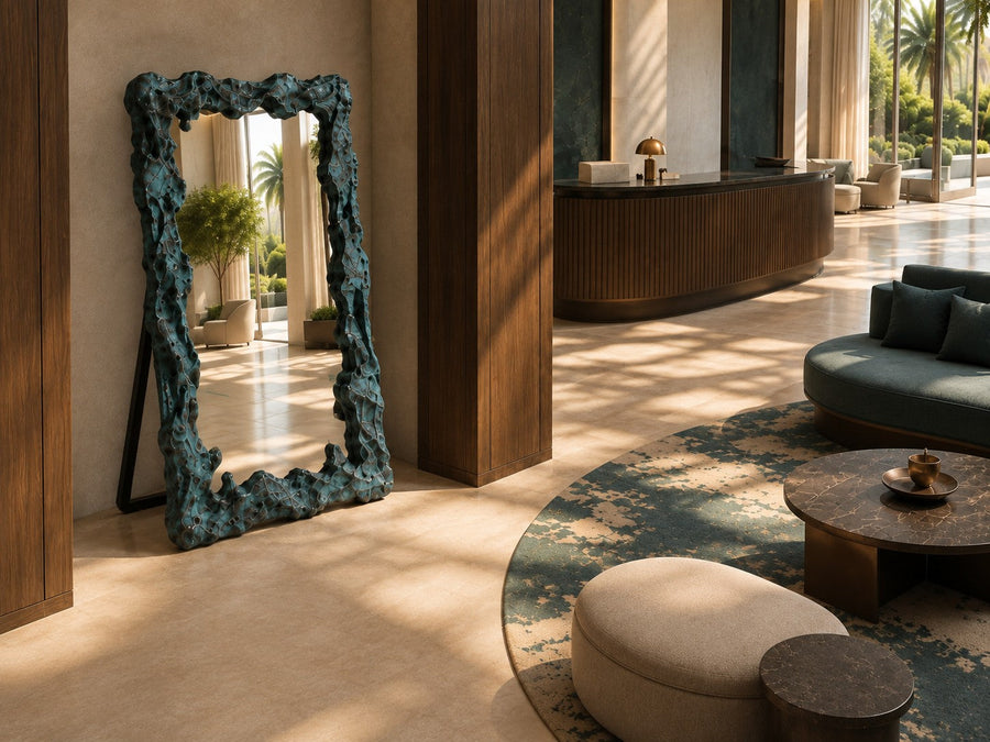 Estanque — 110 × 200 cm tall standing mirror with a rough cast frame in blue-green patinated bronze, placed in a furnished room