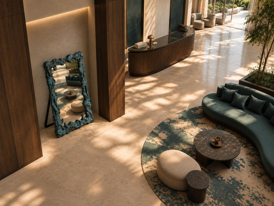 Estanque — 110 × 200 cm tall standing mirror with a rough cast frame in blue-green patinated bronze, seen from above in the room