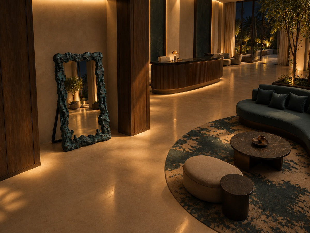 Estanque — 110 × 200 cm tall standing mirror with a rough cast frame in blue-green patinated bronze, the same room at night, lamps on