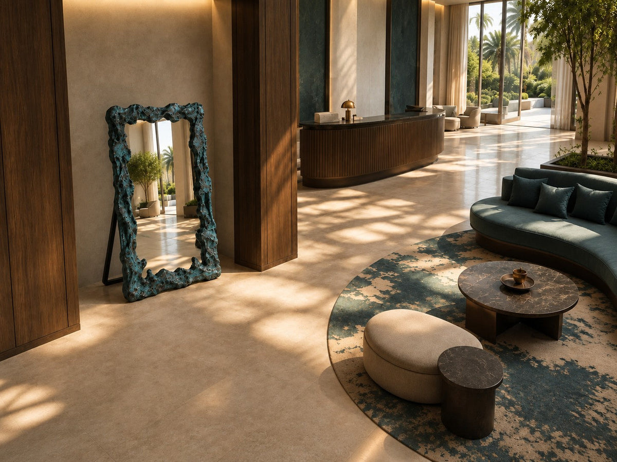 Estanque — 110 × 200 cm tall standing mirror with a rough cast frame in blue-green patinated bronze, close view in the room