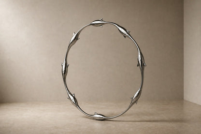Mirror-polished stainless steel ring sculpture Estero Ø70, eight linked forms nose to tail, on a black granite block.