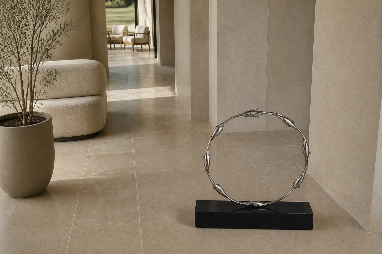 Mirror-polished stainless steel ring sculpture Estero Ø70, eight linked forms nose to tail, on a black granite block.