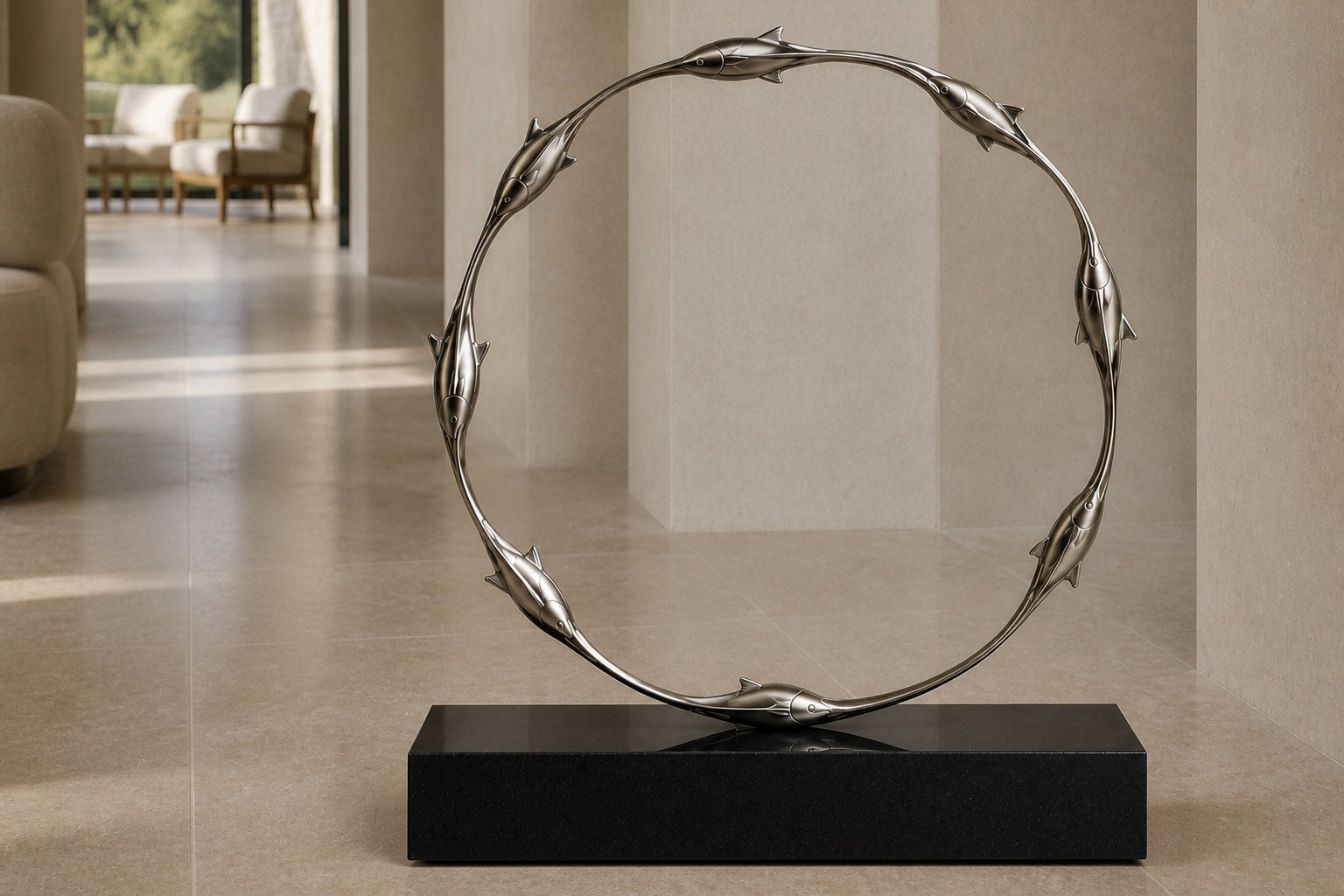 Mirror-polished stainless steel ring sculpture Estero Ø70, eight linked forms nose to tail, on a black granite block.