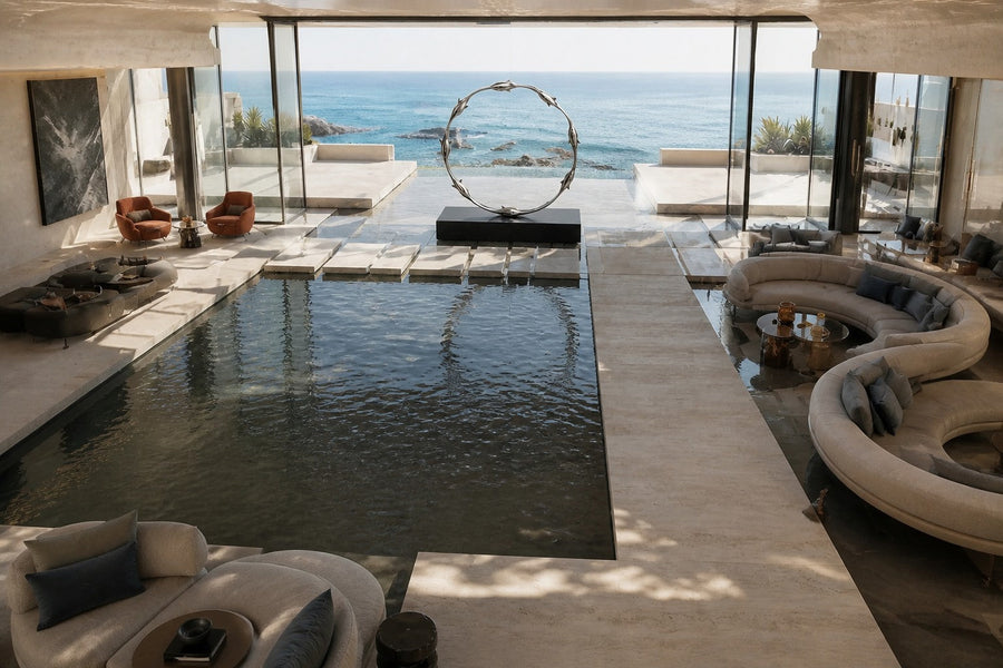 Mirror-polished stainless steel ring sculpture Estero Ø70, eight linked forms nose to tail, on a black granite block.