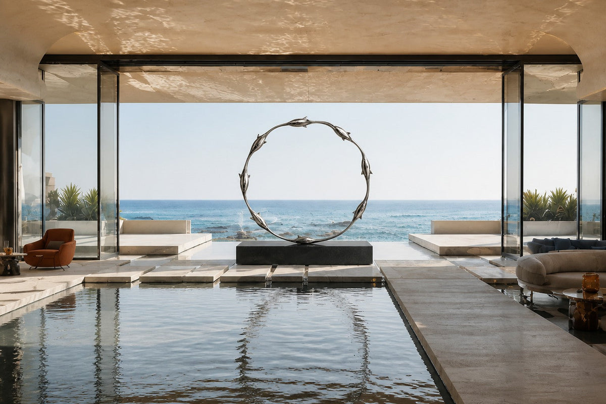 Mirror-polished stainless steel ring sculpture Estero Ø70, eight linked forms nose to tail, on a black granite block.