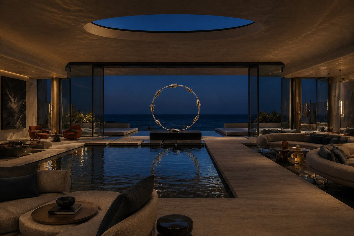 Mirror-polished stainless steel ring sculpture Estero Ø70, eight linked forms nose to tail, on a black granite block.