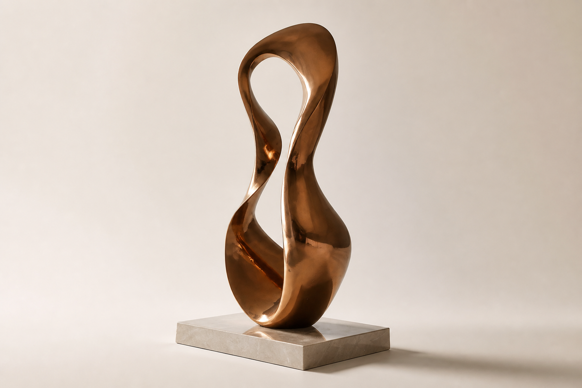 ETERNAL FLUX II bronze sculpture, three-quarter studio view showing its profile
