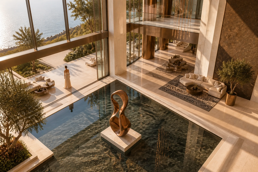 ETERNAL FLUX II bronze sculpture, overhead view in a room setting
