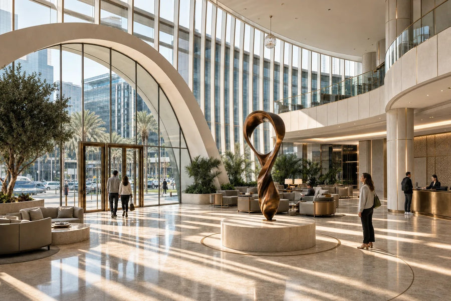 ETERNAL FLUX — 250 cm polished bronze sculpture of a twisting ribbon rising into an open loop, placed in a furnished room