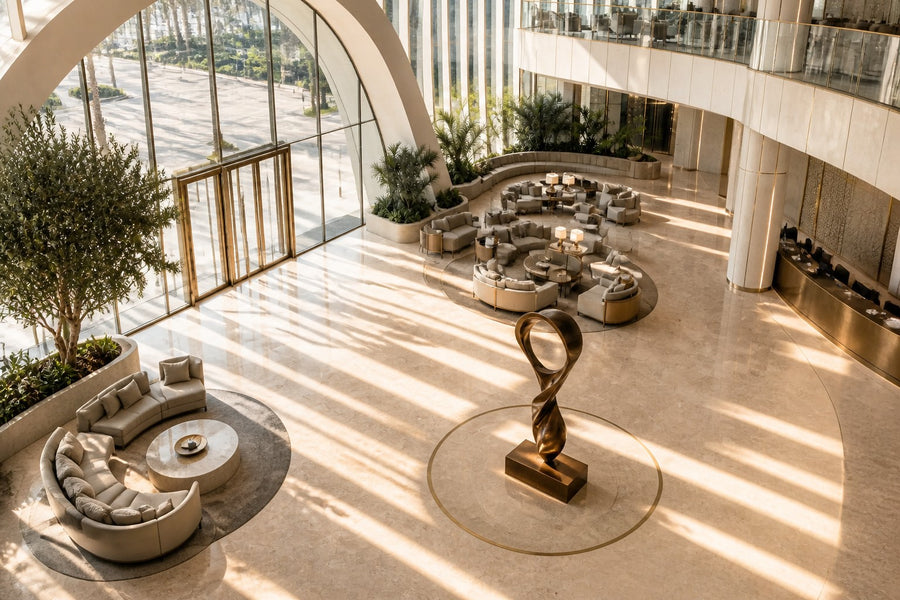 ETERNAL FLUX — 250 cm polished bronze sculpture of a twisting ribbon rising into an open loop, seen from above in the room