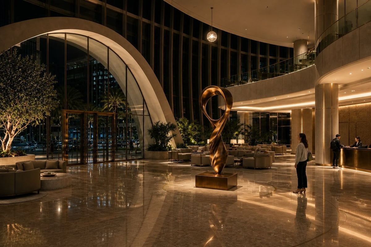 ETERNAL FLUX — 250 cm polished bronze sculpture of a twisting ribbon rising into an open loop, the same room at night, lamps on