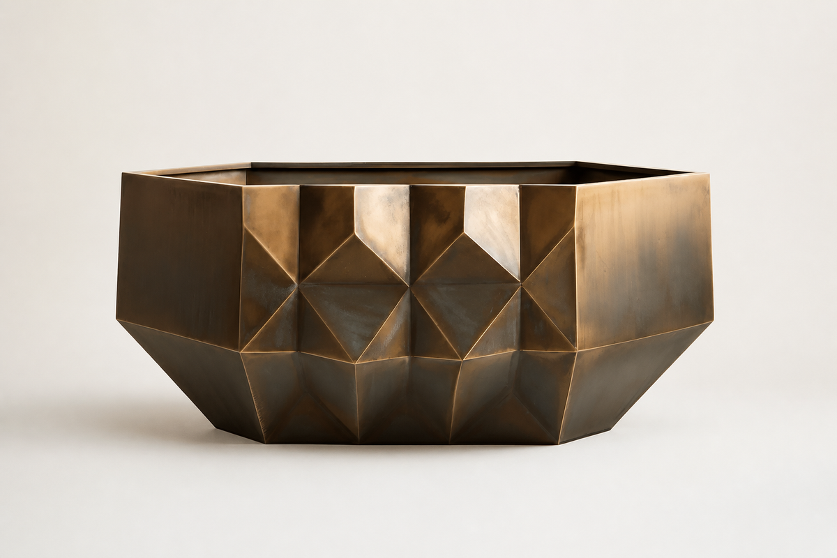 Faceted Bronze Geometric Luxury Planter sculpture, studio view of the whole piece