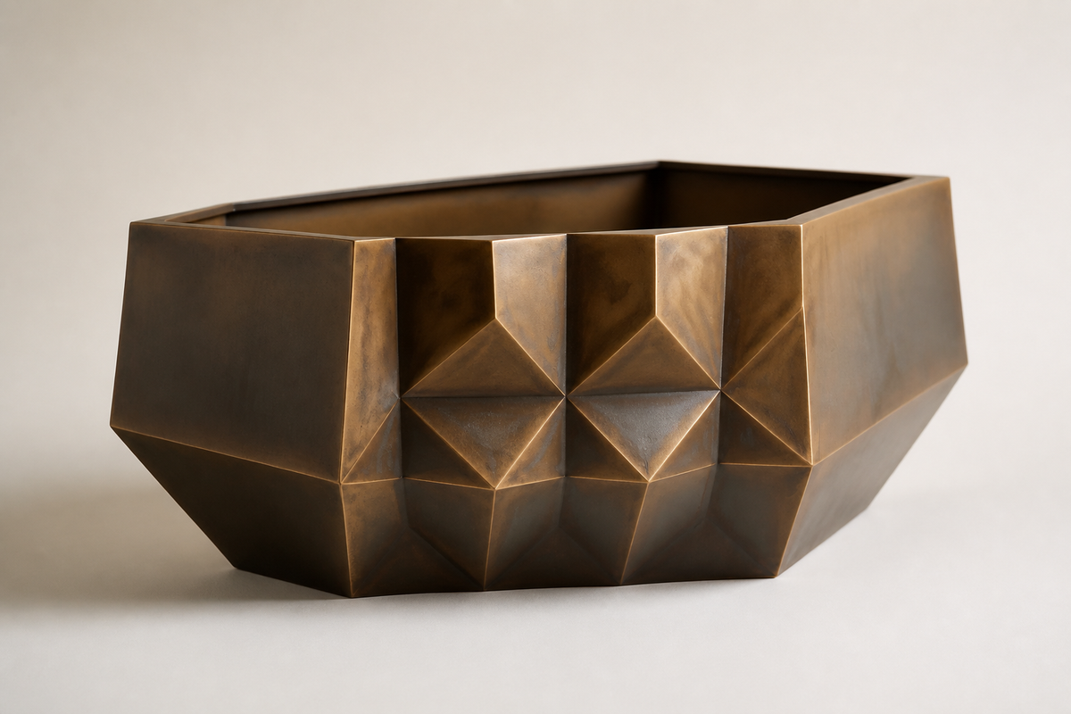 Faceted Bronze Geometric Luxury Planter sculpture, three-quarter studio view showing its profile