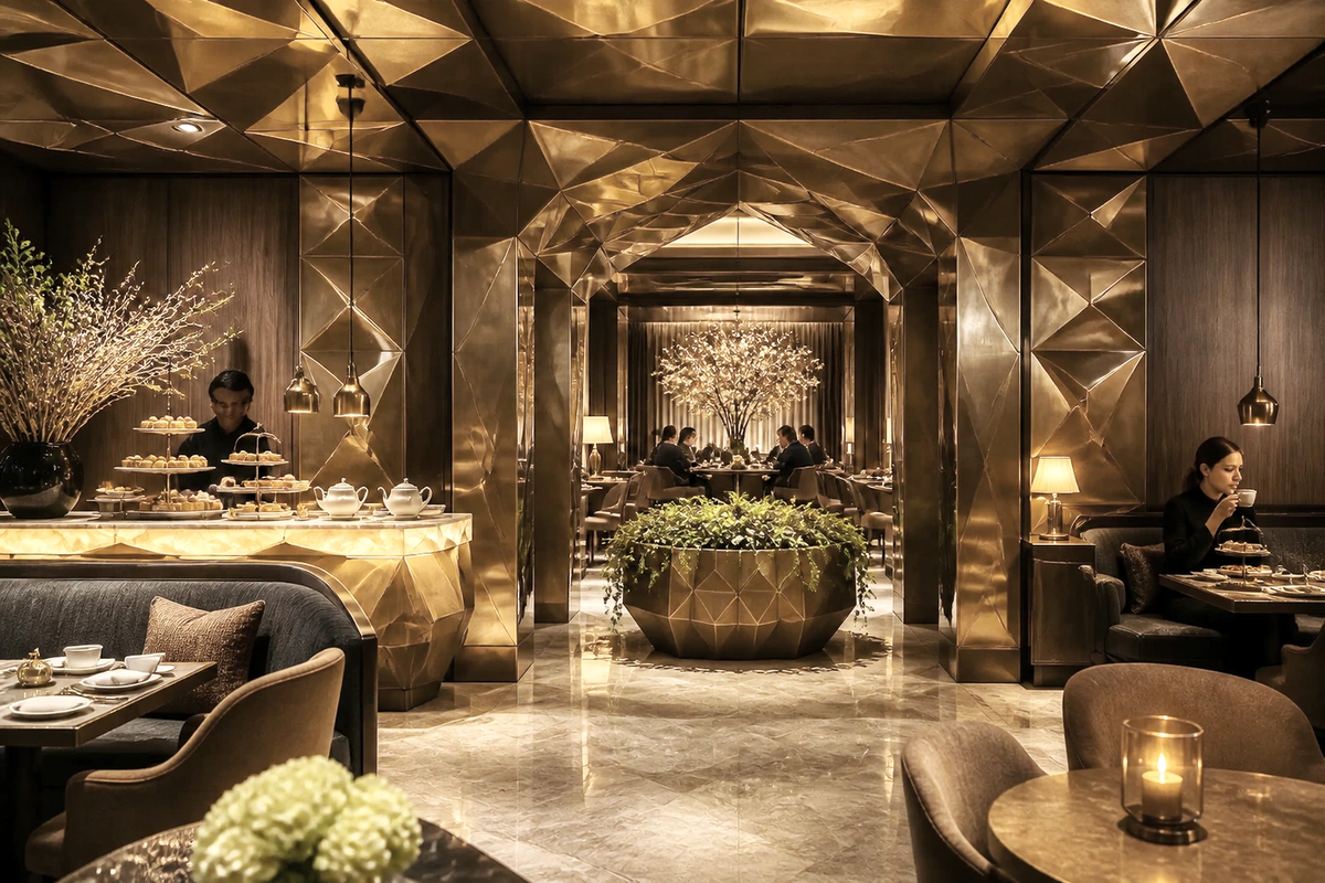 Faceted Bronze Geometric Luxury Planter sculpture, shown in a room setting, at full scale