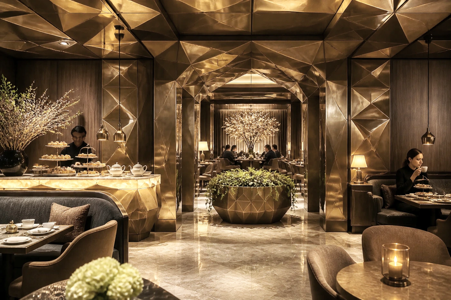 Faceted Bronze Geometric Luxury Planter sculpture, shown in a room setting, at full scale