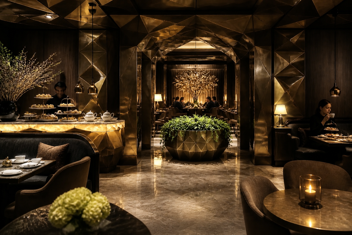 Faceted Bronze Geometric Luxury Planter sculpture, in a room setting under evening light