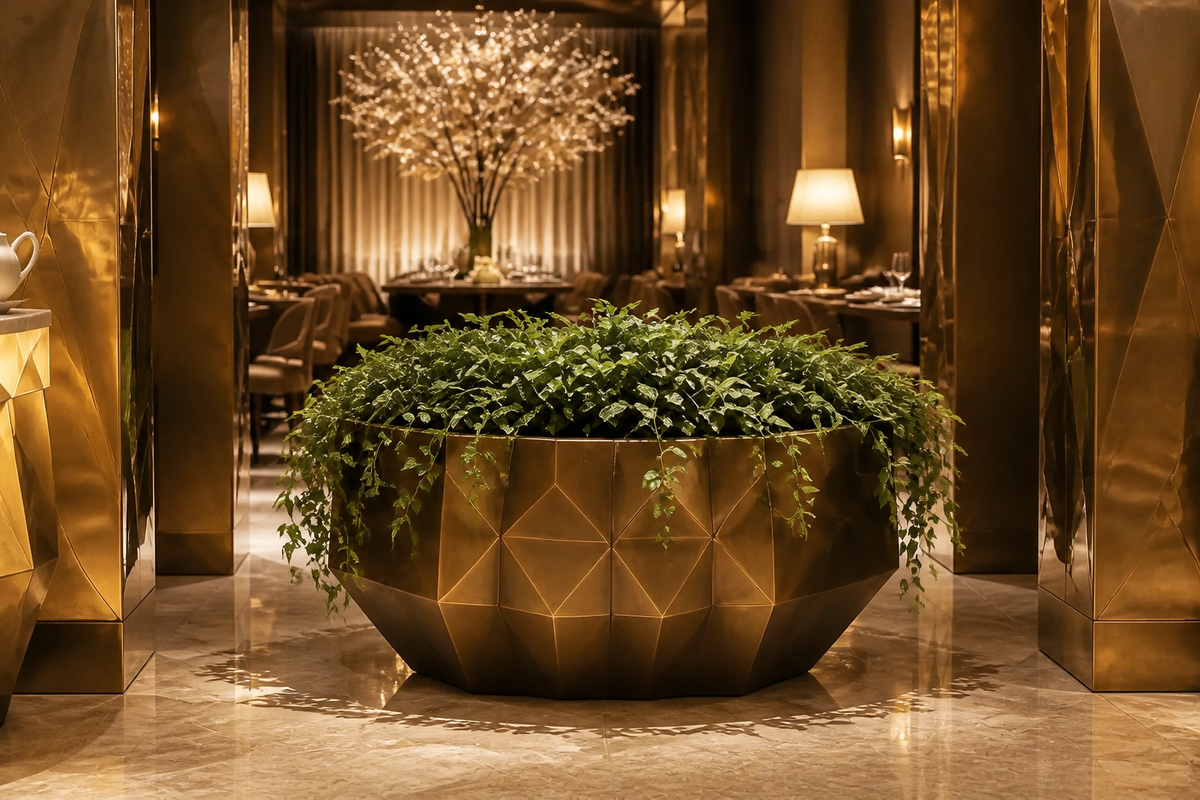 Faceted Bronze Geometric Luxury Planter sculpture, close view of the form in its setting