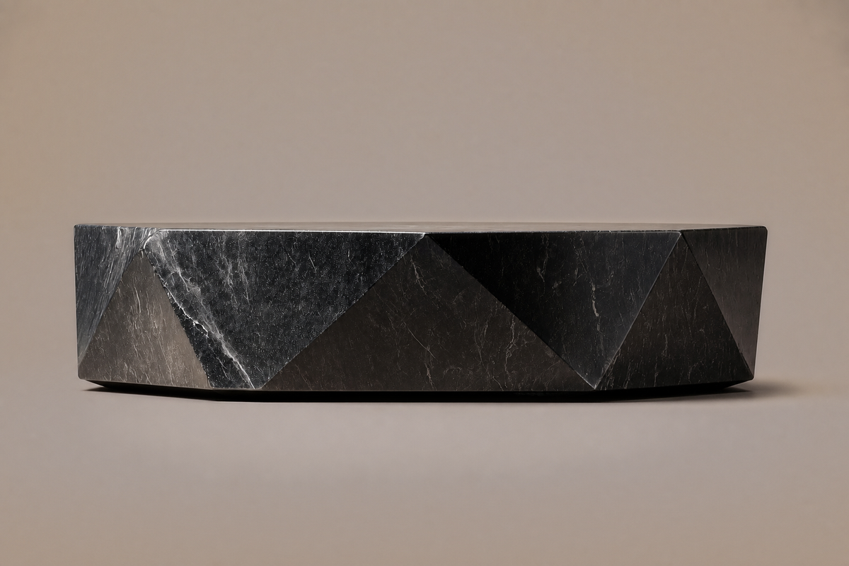 Faceted Circular Base black marble plinth base by 1-OPH, side elevation