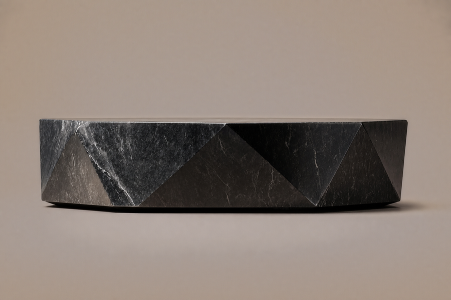 Faceted Circular Base black marble plinth base by 1-OPH, side elevation