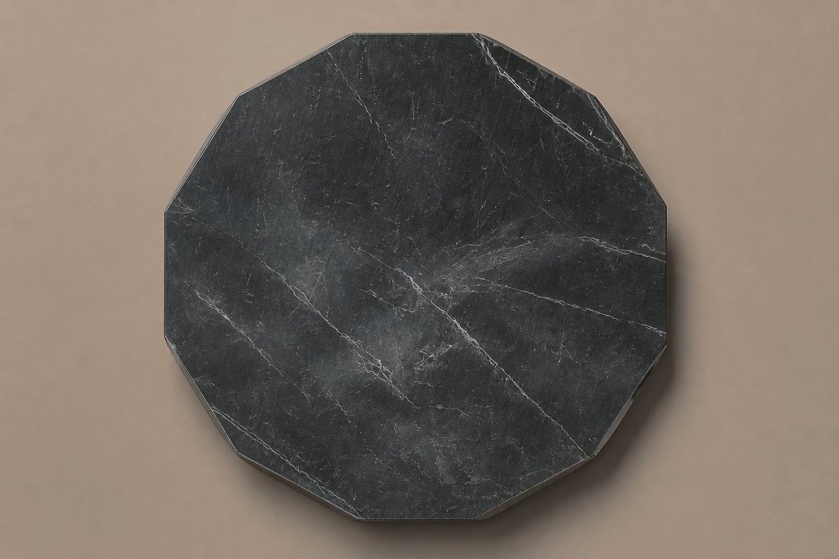 Faceted Circular Base black marble plinth base by 1-OPH, overhead view