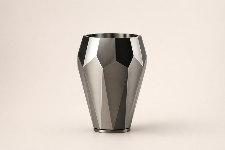 Faceted Stainless Steel Geometric Luxury Planter sculpture, studio view of the whole piece