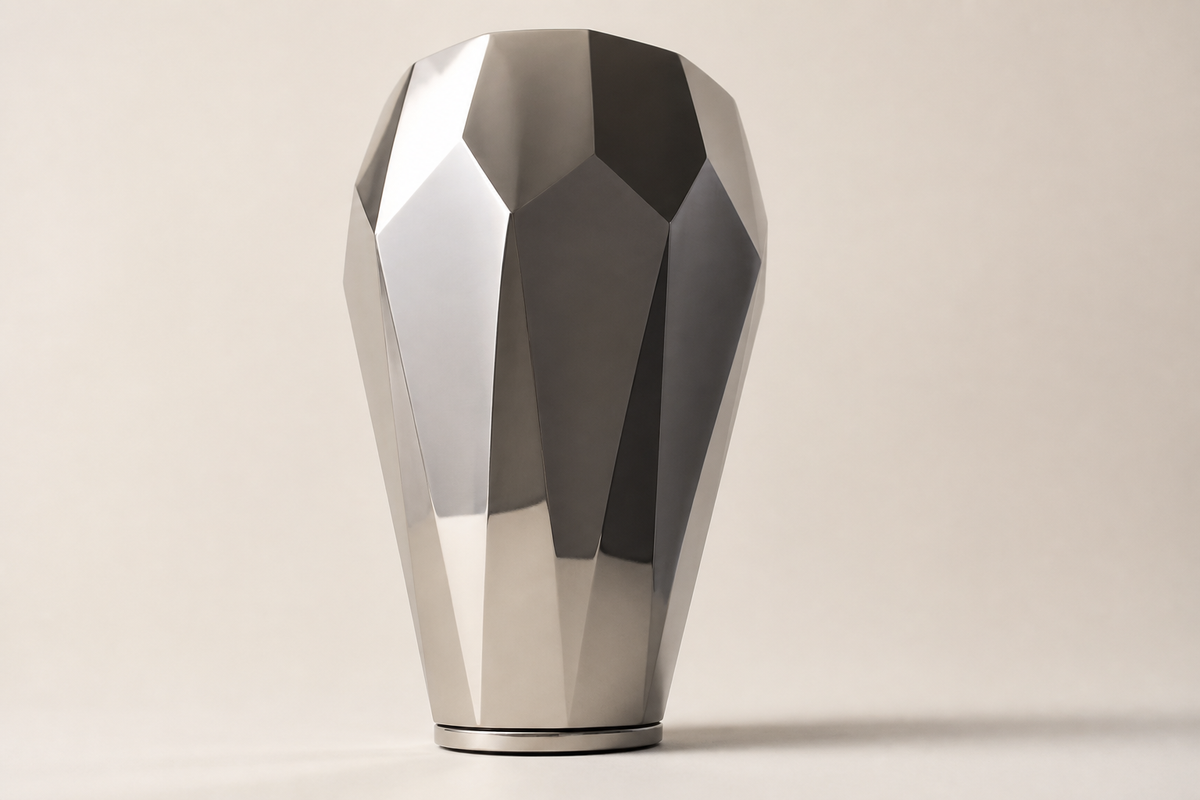 Faceted Stainless Steel Geometric Luxury Planter sculpture, three-quarter studio view showing its profile