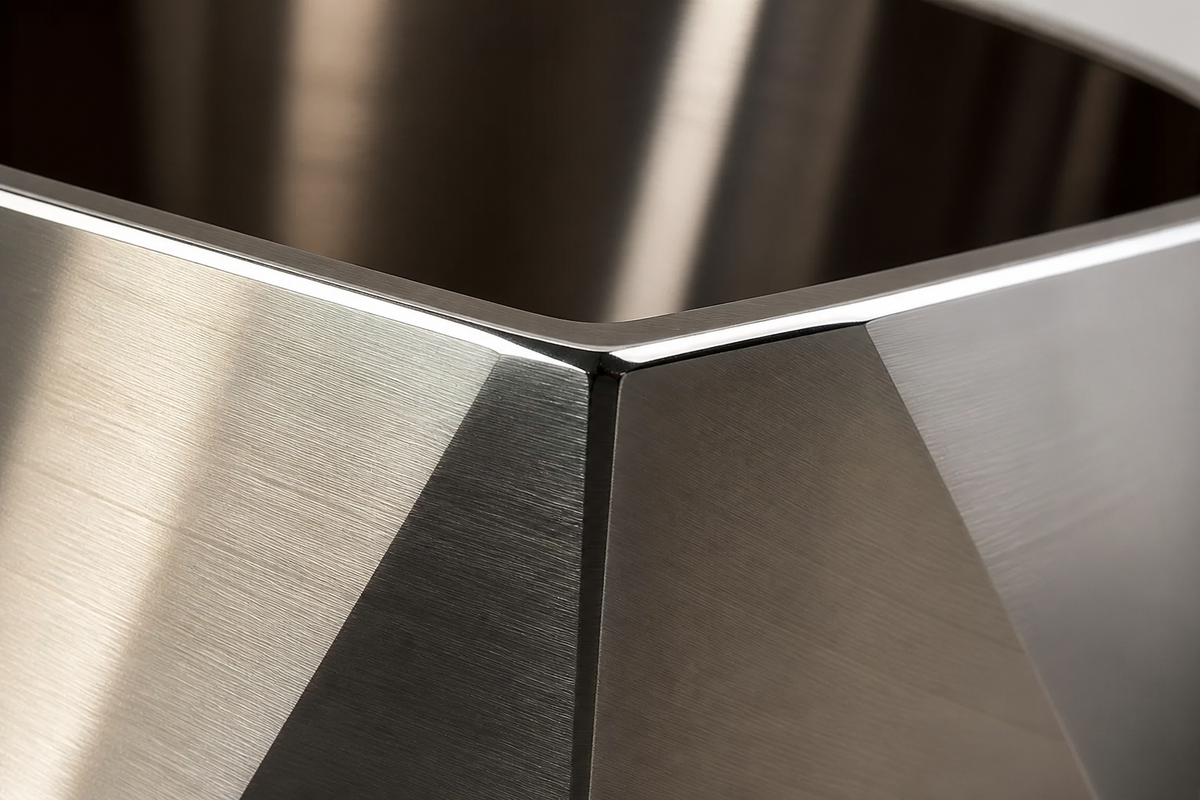 Faceted Stainless Steel Geometric Luxury Planter sculpture, close studio detail of the surface and material