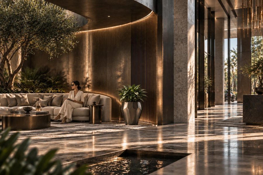 Faceted Stainless Steel Geometric Luxury Planter sculpture, shown in a room setting, at full scale