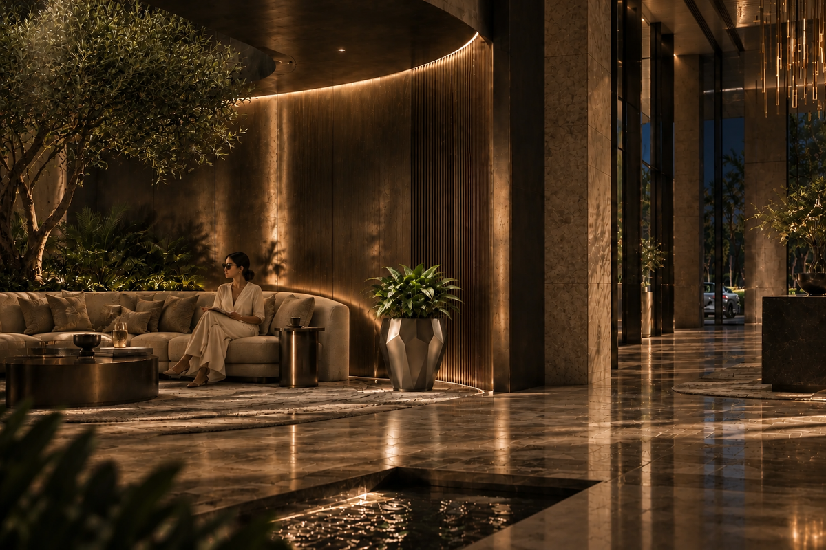 Faceted Stainless Steel Geometric Luxury Planter sculpture, in a room setting under evening light