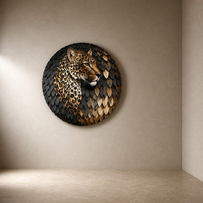 Antique bronze with dark rosettes bronze wall sculpture Fahd, cast relief head set within a spun disc, on a plaster wall.