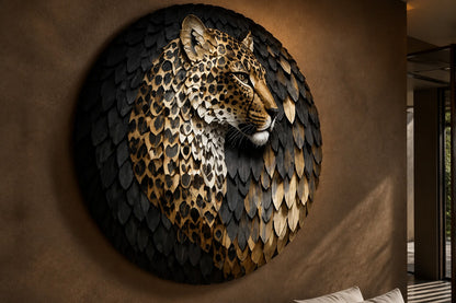 Antique bronze with dark rosettes bronze wall sculpture Fahd, cast relief head set within a spun disc, on a plaster wall.