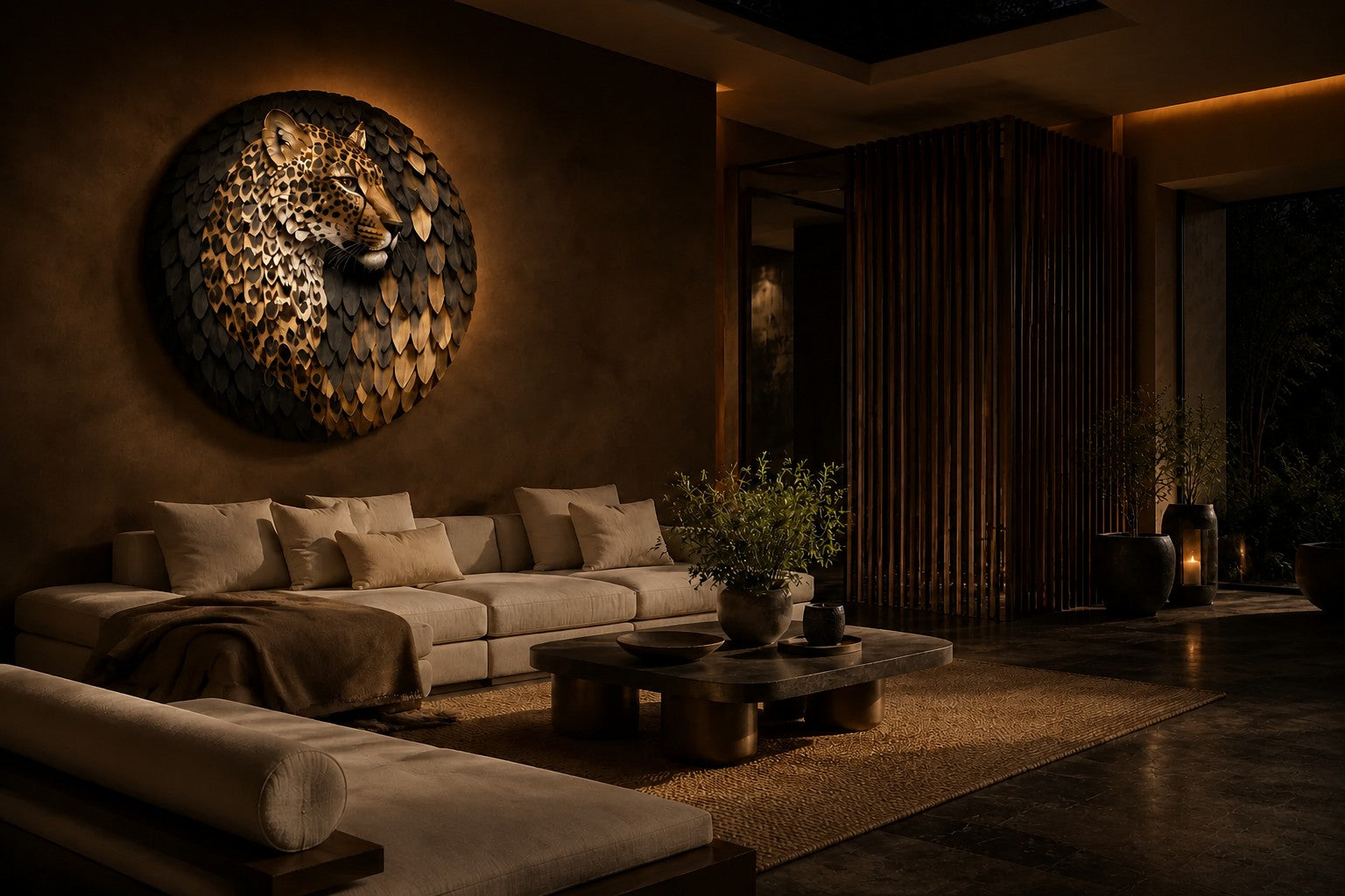 Antique bronze with dark rosettes bronze wall sculpture Fahd, cast relief head set within a spun disc, on a plaster wall.