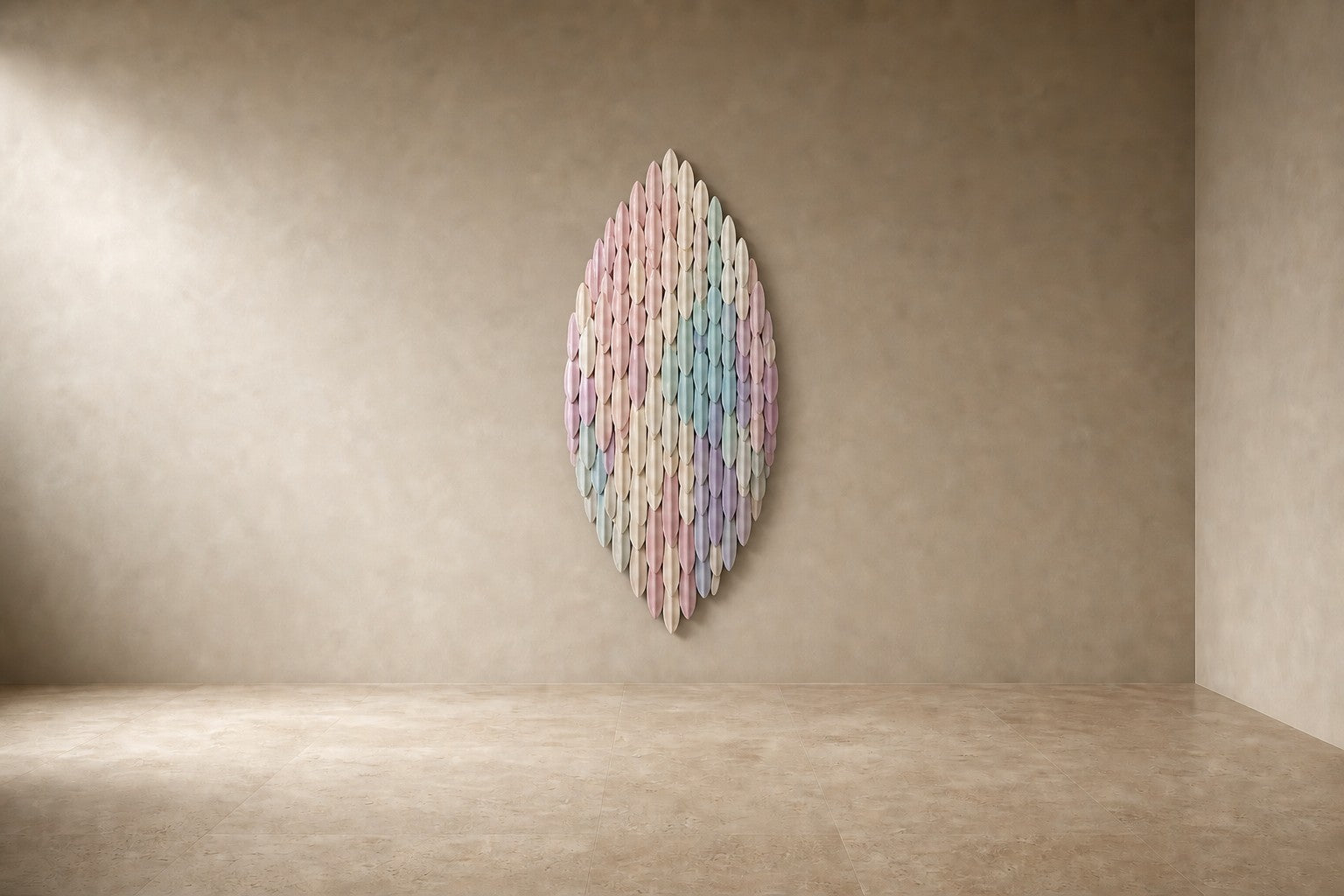 Pale rose through to celadon steel wall sculpture Alba, fine pointed scales layered on a leaf armature, on a plaster wall.