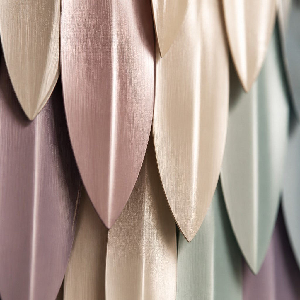 Pale rose through to celadon steel wall sculpture Alba, fine pointed scales layered on a leaf armature, on a plaster wall.