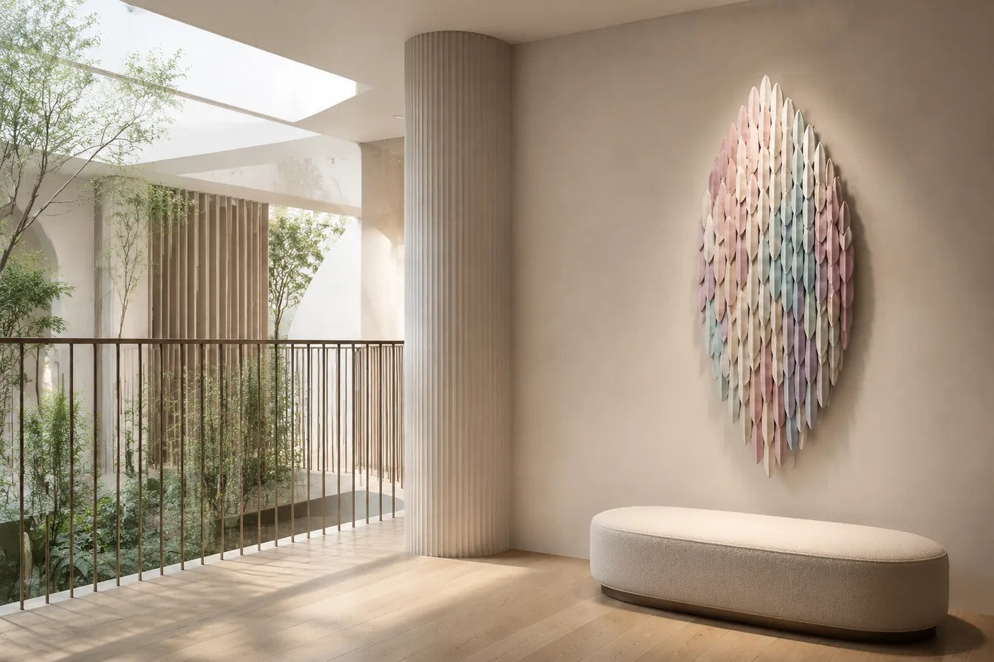 Pale rose through to celadon steel wall sculpture Alba, fine pointed scales layered on a leaf armature, on a plaster wall.