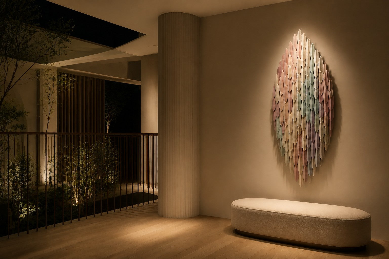 Pale rose through to celadon steel wall sculpture Alba, fine pointed scales layered on a leaf armature, on a plaster wall.