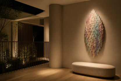Pale rose through to celadon steel wall sculpture Alba, fine pointed scales layered on a leaf armature, on a plaster wall.