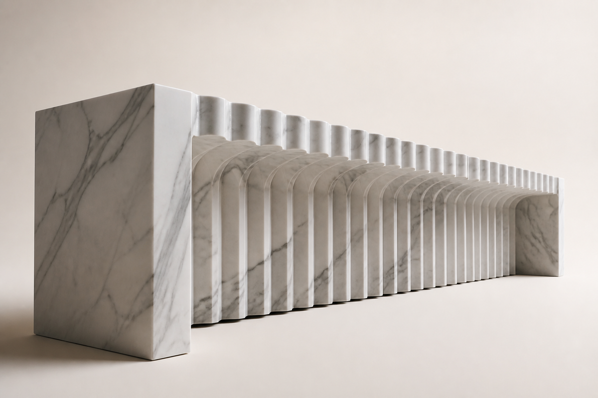 FALAJ MONOLITH BENCH I, three-quarter studio view showing its profile
